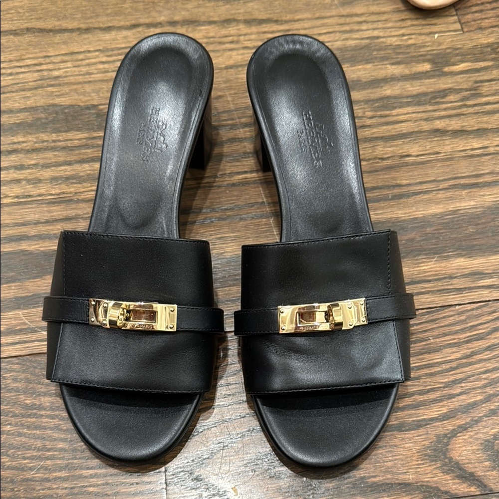 Authentic Hermes Gigi 50 sandal Black Leather Women's Slide Sandals